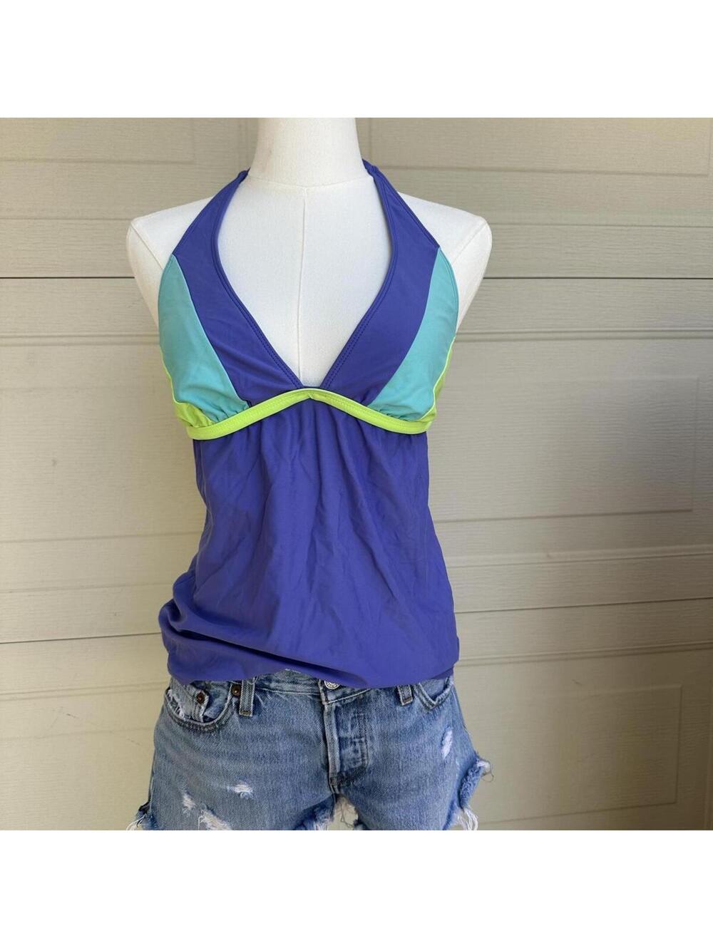 Y2K Beach Stop Colorblock Halter Tankini Top (M) Paper Tag